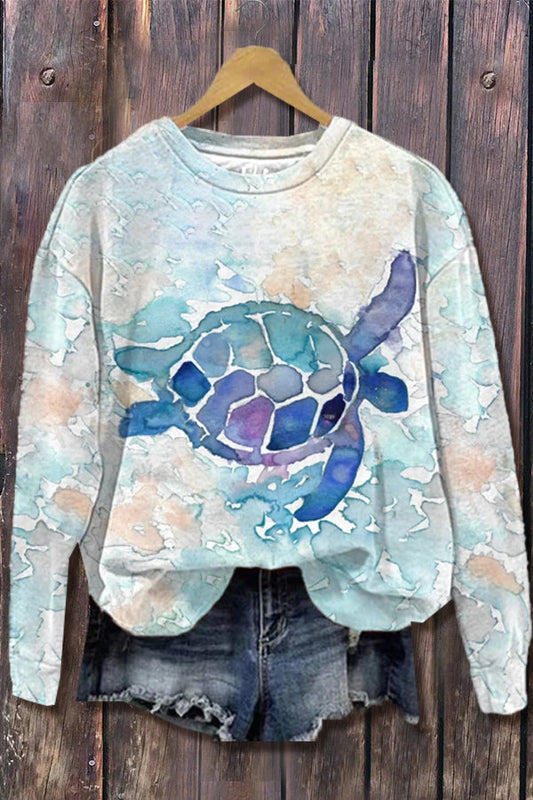 Colorful Turtle Print Long Sleeve Sweatshirt