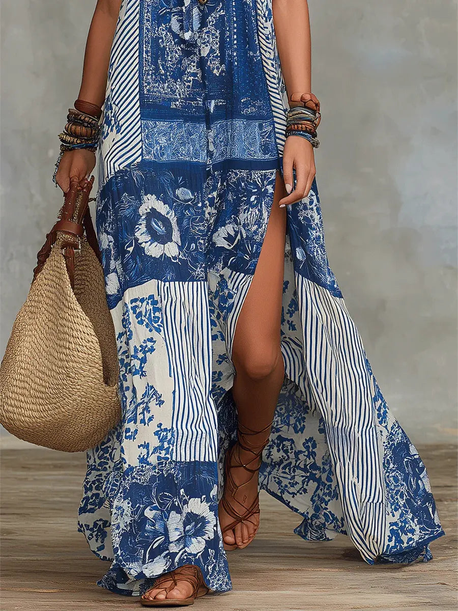 Women's Retro Ethnic Floral Pattern Art Print Casual Fashion Maxi Dress