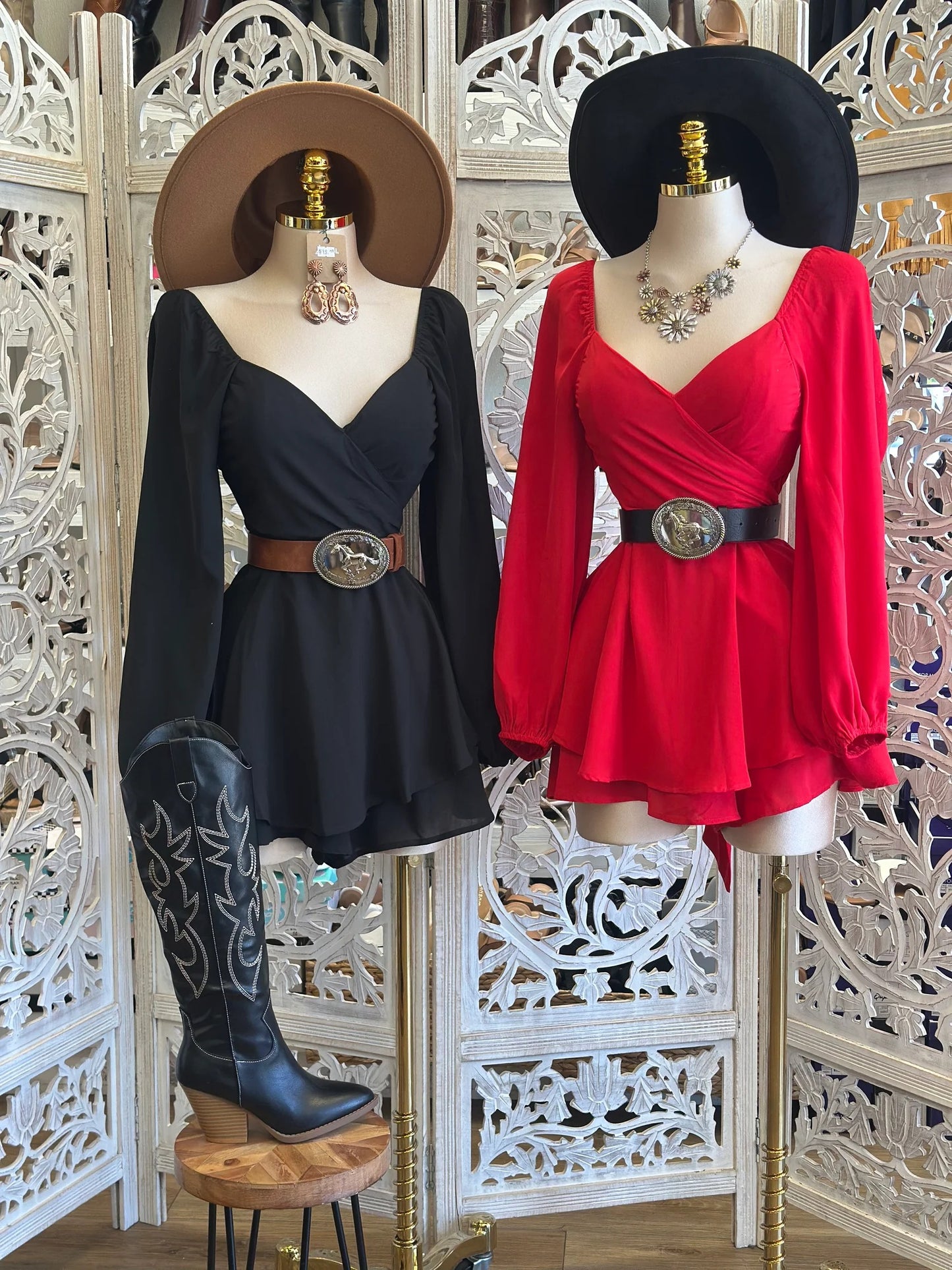 Western V-Neck Belted Romper Dress