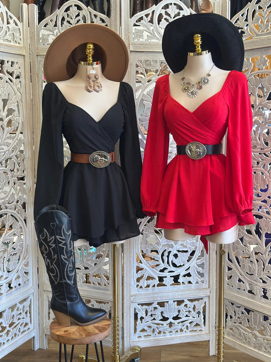 Western V-Neck Belted Romper Dress