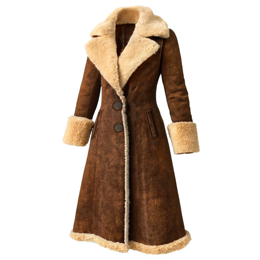 Women's Vintage Western Cowgirl Brown Suede Fleece Lapel Long Shearling Jacket Coat
