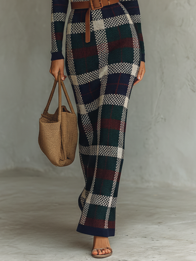 Women's Minimalist Check Knit Belted Square Neck Maxi Dress