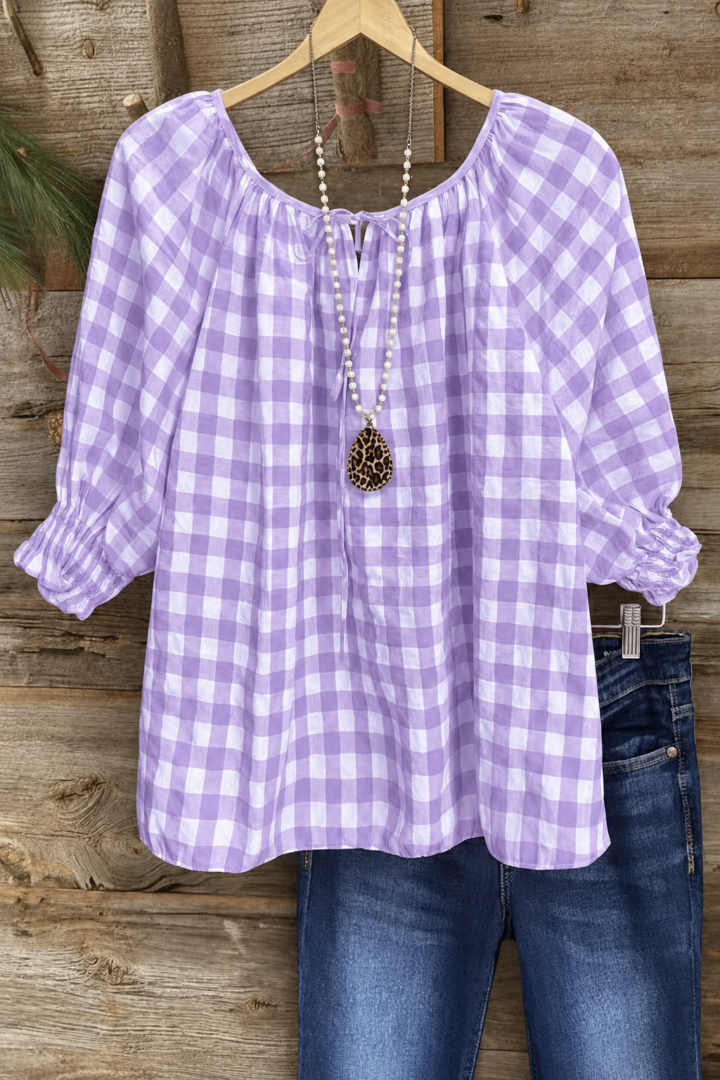 Cotton Plaid Gathered Cuff Top