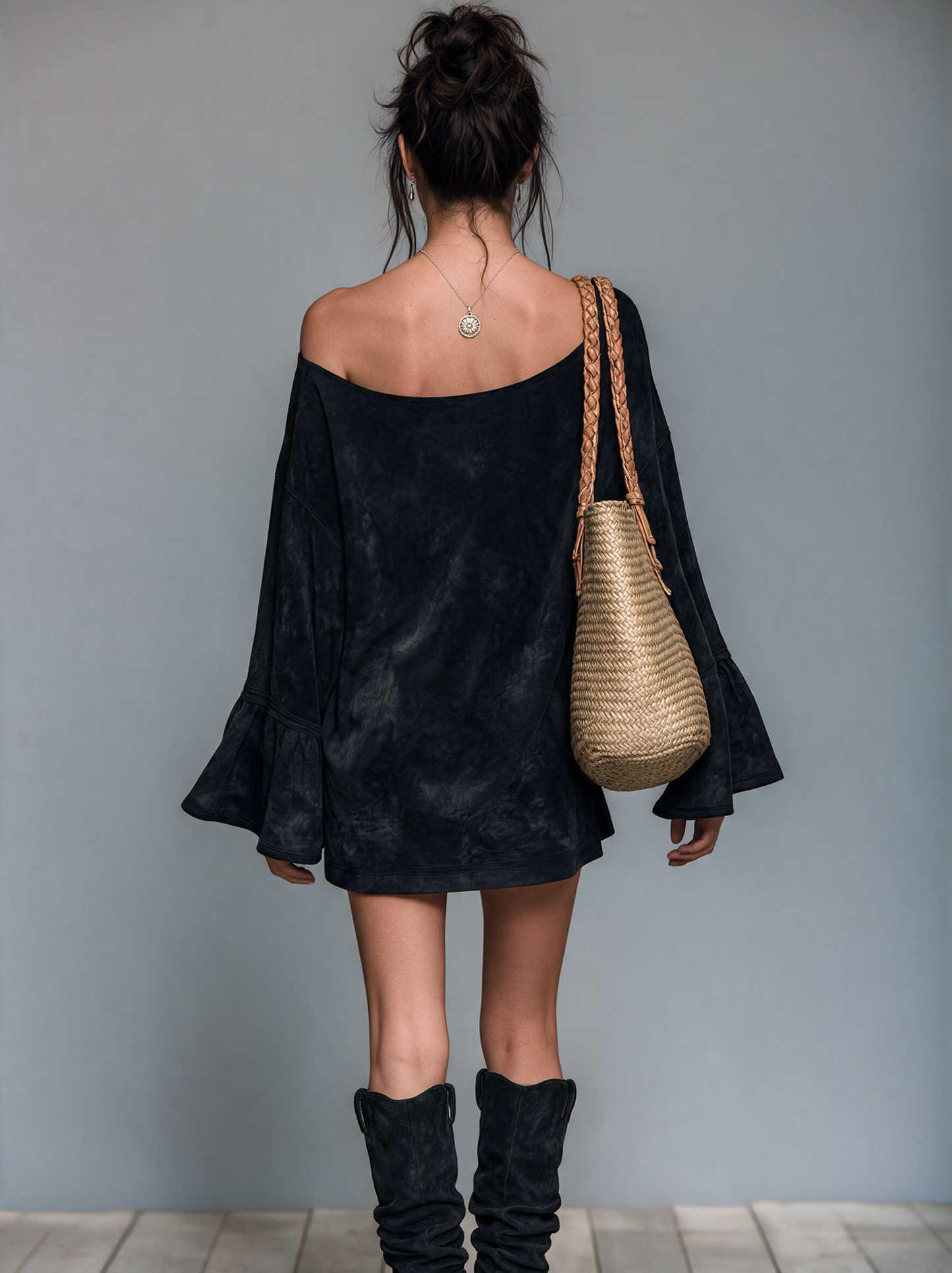 Women's Vintage-style Faux Suede Shift Dress With Star Sequin Appliqué