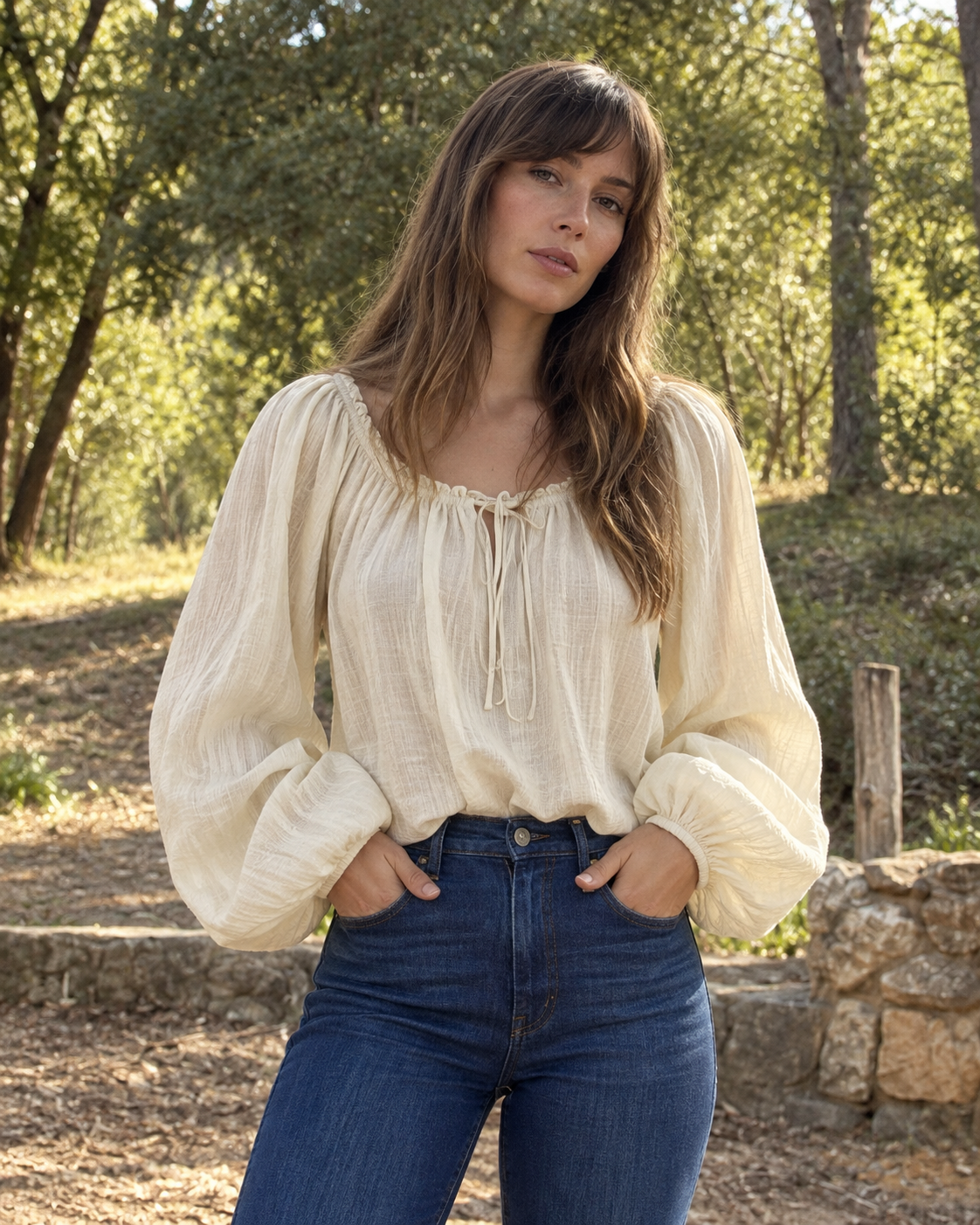 Cream Square Neck Tie Front Balloon Sleeve Boho Peasant Blouse