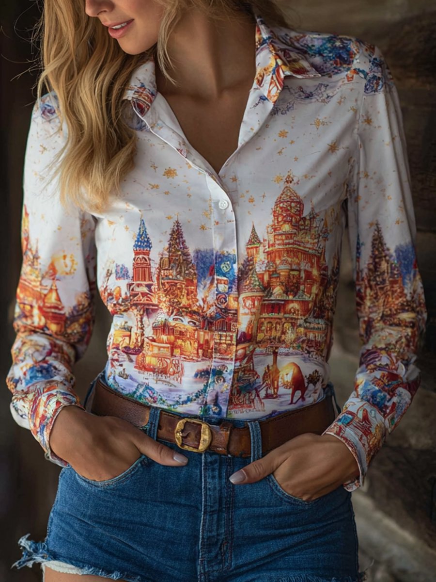 Women's Vintage Christmas Scene Print Western Long Sleeve Shirt