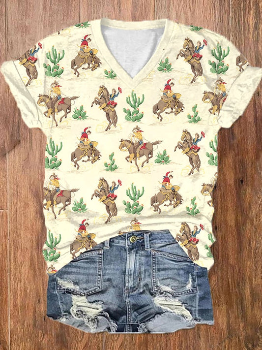 Women's Vintage Western Cowboy Print T-Shirt