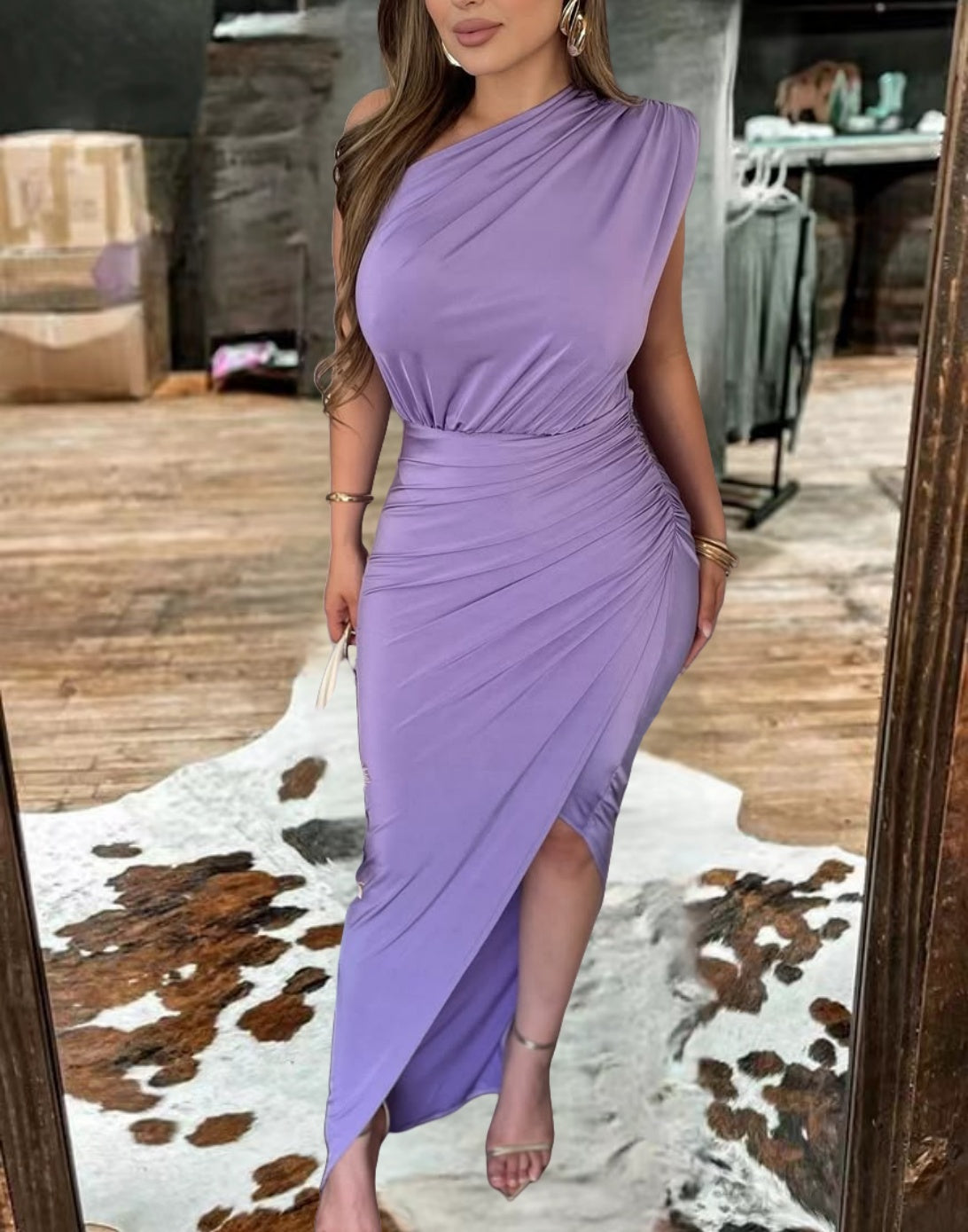 Western One-Shoulder Ruched Split Midi Dress