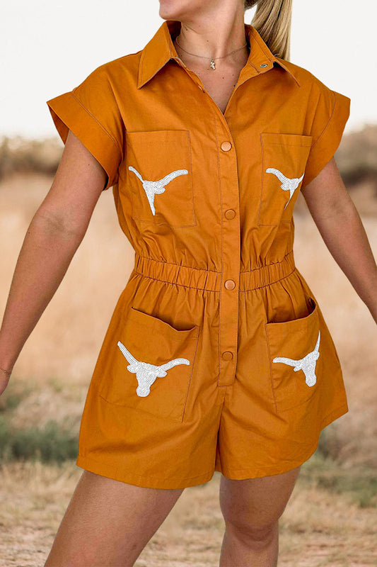 Longhorn Head Pocket Button Up Romper