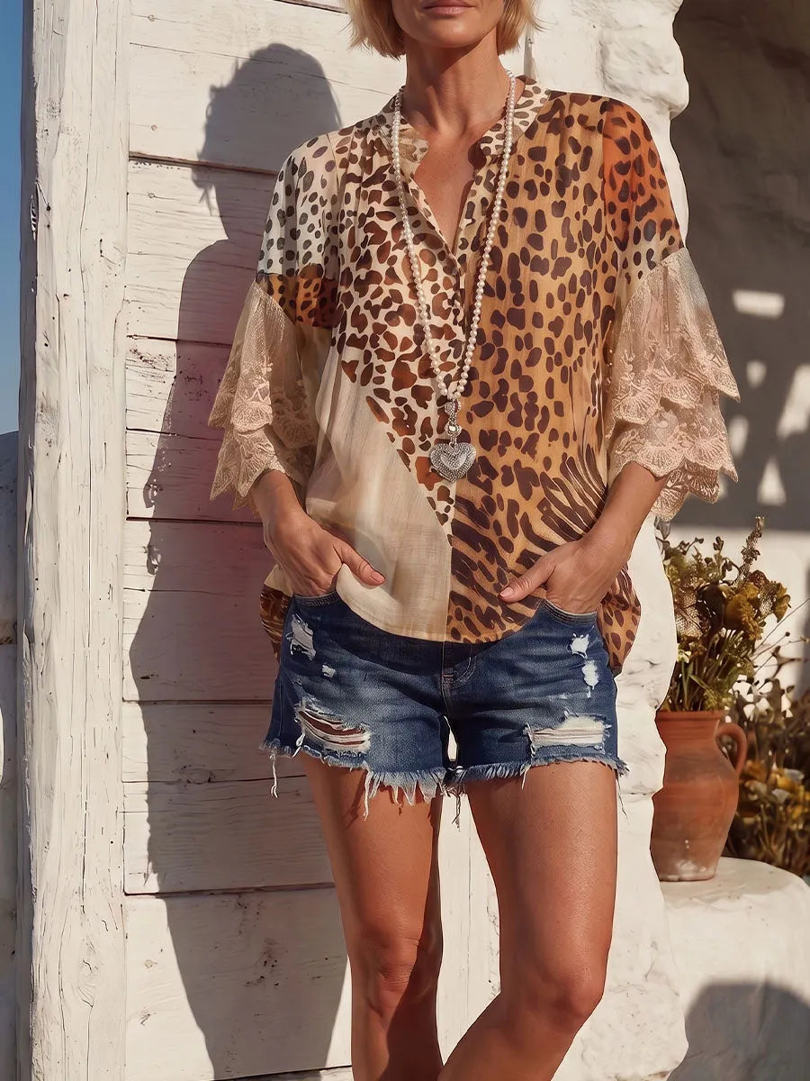 Vintage Art Comfortable Summer Fabrics Sheer Leopard Print Chiffon Patchwork Lace Shirt