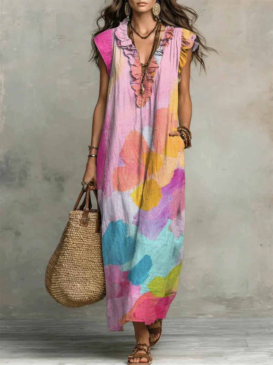Women's Vintage Pattern Art Print Casual Ruffled Stylish Dress