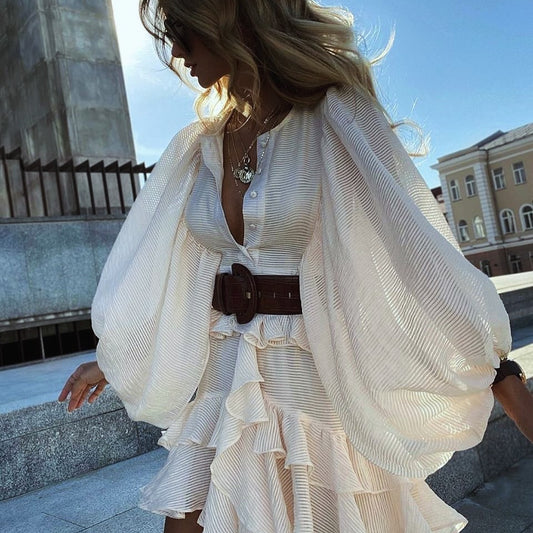 Boho round Neck Puff Sleeve Button Ruffled Dress