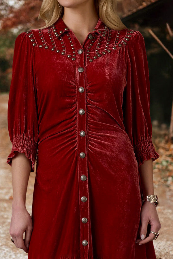 Vintage Charming Studded Velvet Buttoned Maxi Dress