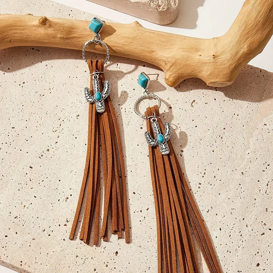 Long Tassel Dangle Earrings Inlaid With Turquoise & Artificial Leather Bohemian Cowboy Style Unique Statement Ear Decor