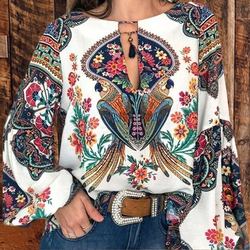 Casual Printed Lantern Sleeve Top