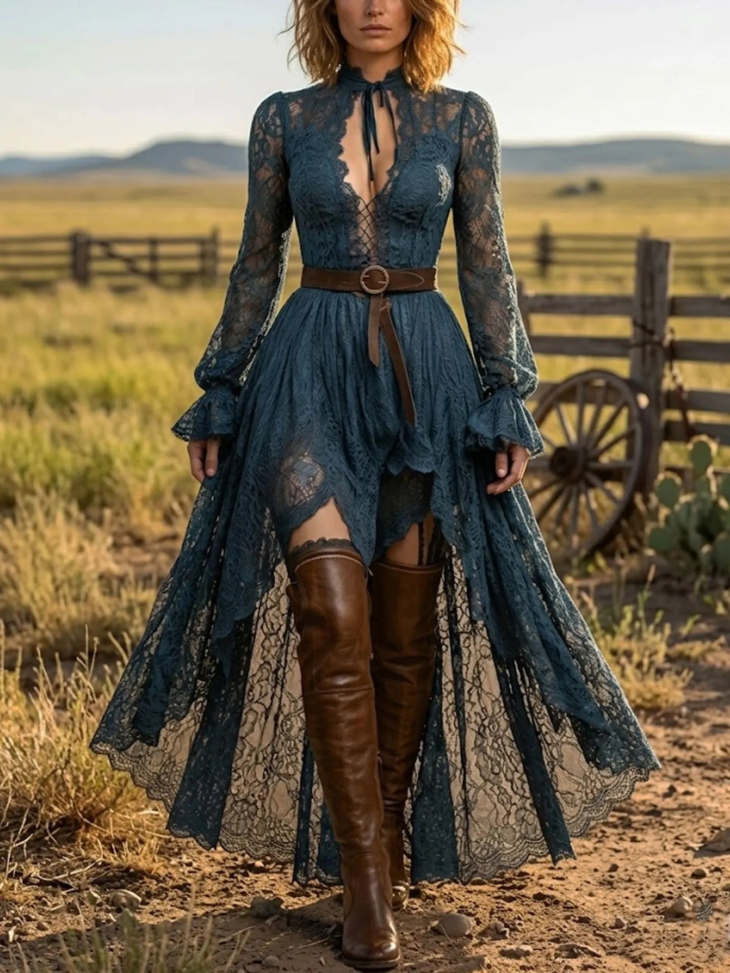 Women's Vintage Western Teal Lace High Low Dress Long Bell Sleeve High Neck Gothic Boho Maxi Dress