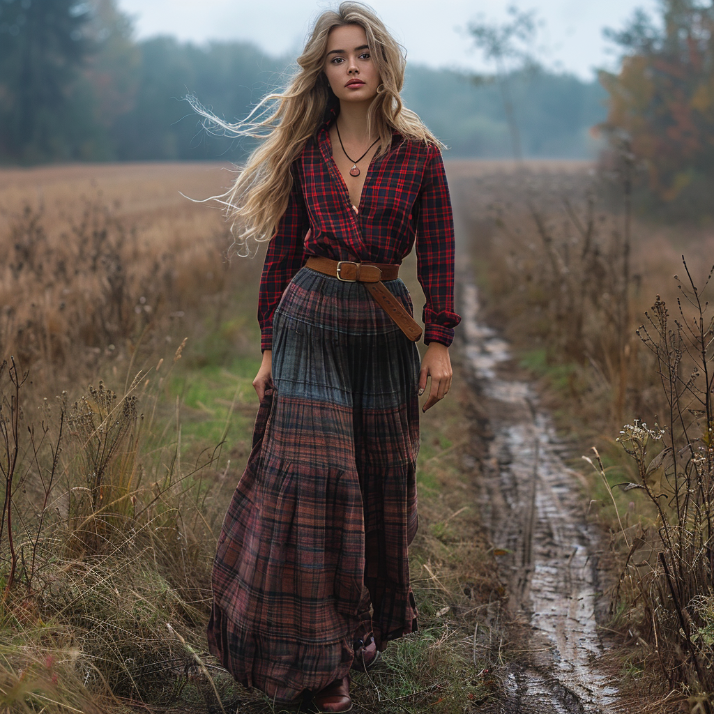 Retro V-neck Plaid Women's Long-sleeved Long Skirt Country Pastoral Retro Dress