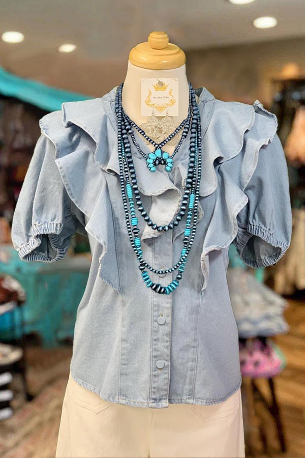 Elegant Ruffled V-neck Denim Top