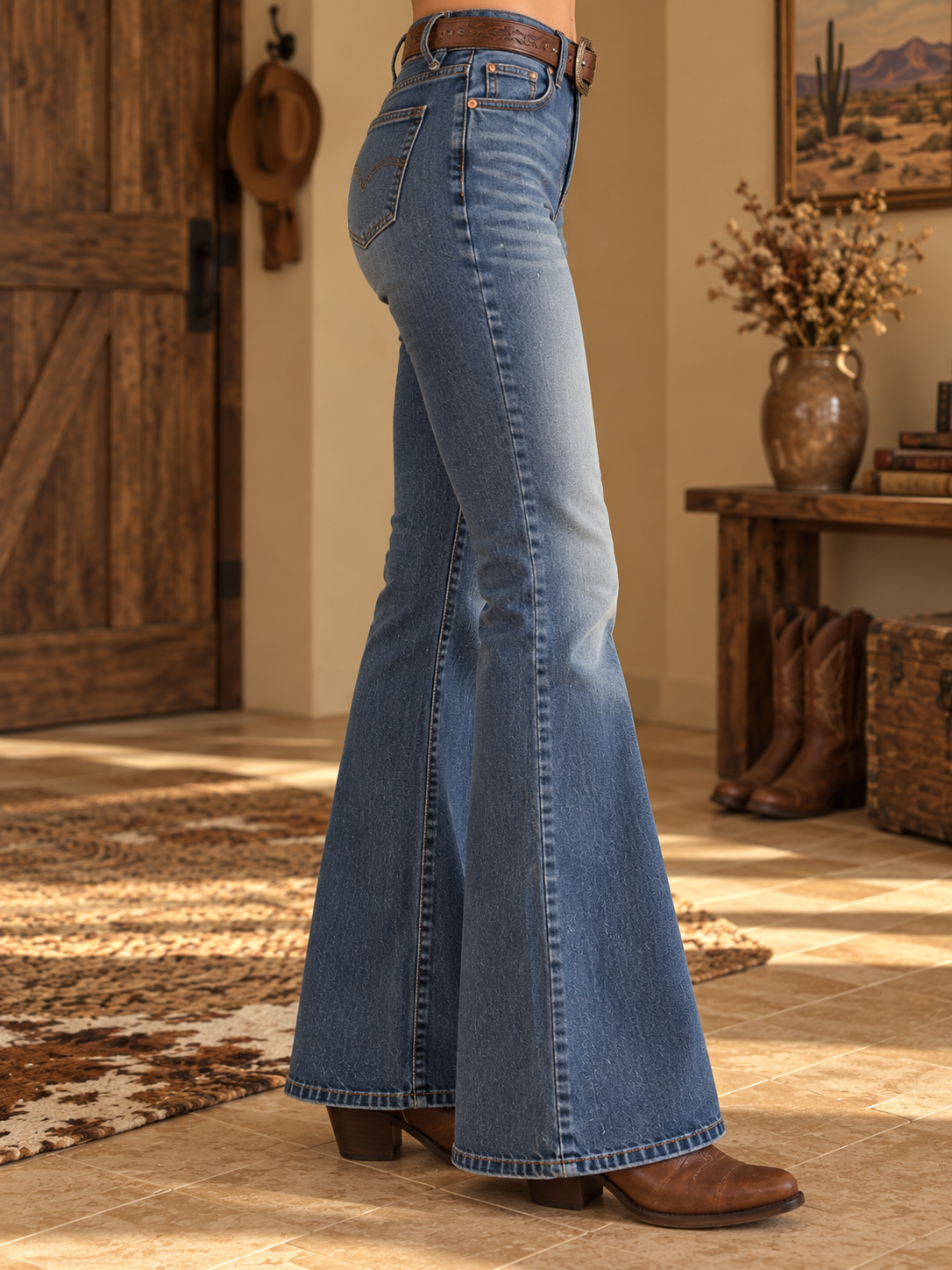 Medium Blue Embossed Floral High Waist Bell Bottom Flare Jeans