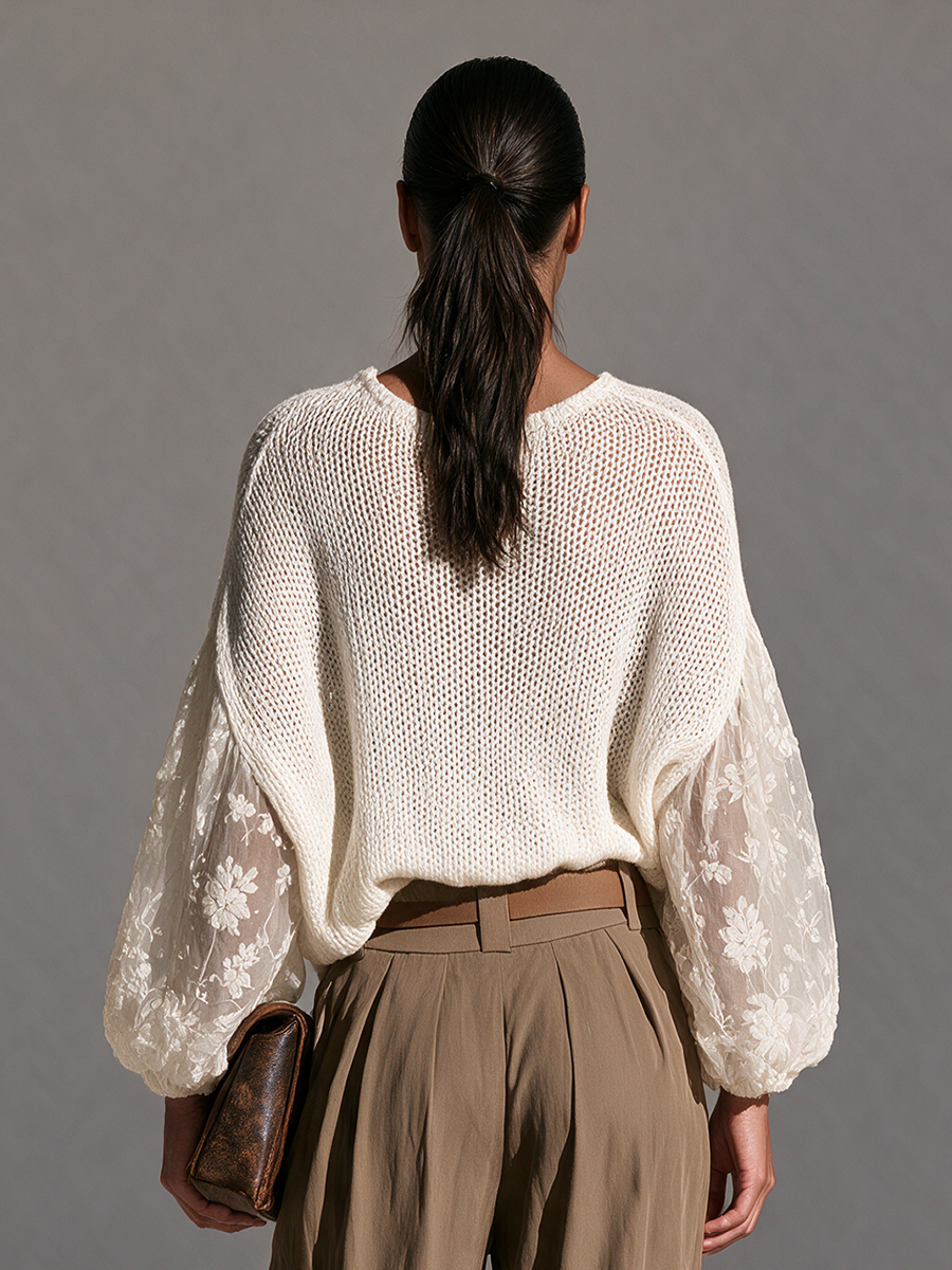 Women's V-Neck Open-Knit Lace-Panel Balloon-Sleeve Relaxed Wool-Knit Top
