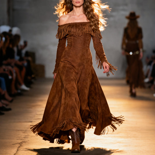 Women's Retro One-Shoulder Tassel Long Sleeve Long Dress