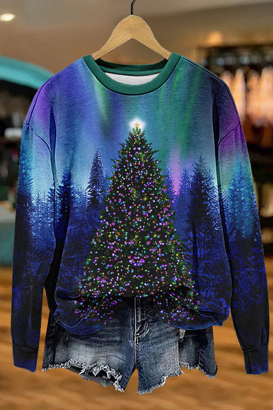 Unique Aurora Christmas Tree Print Sweatshirt