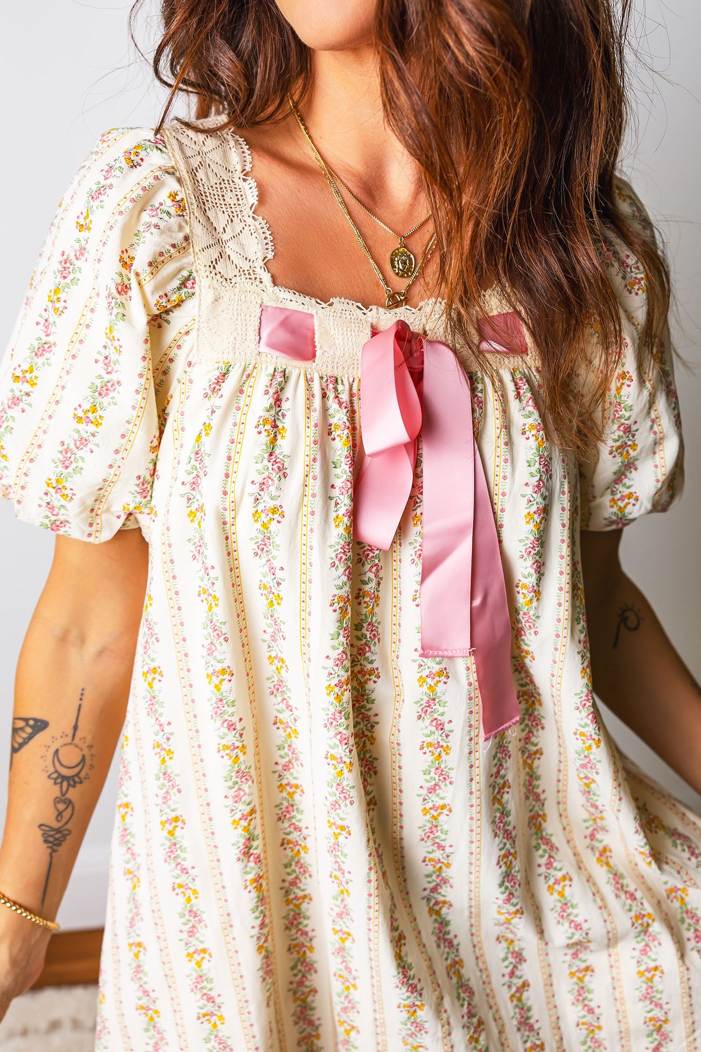 Multicolour Floral Print Contrast Ribbon Bow Lace Trim Square Neck Mini Dress