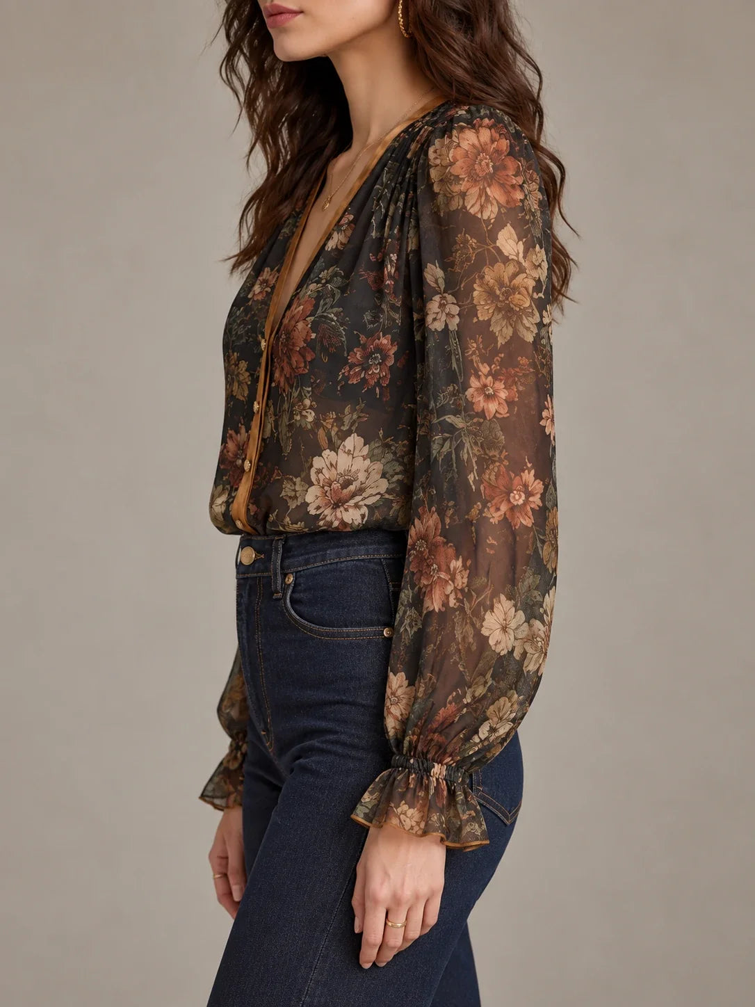 Dark Botanical Floral Sheer Bishop Sleeve Blouse