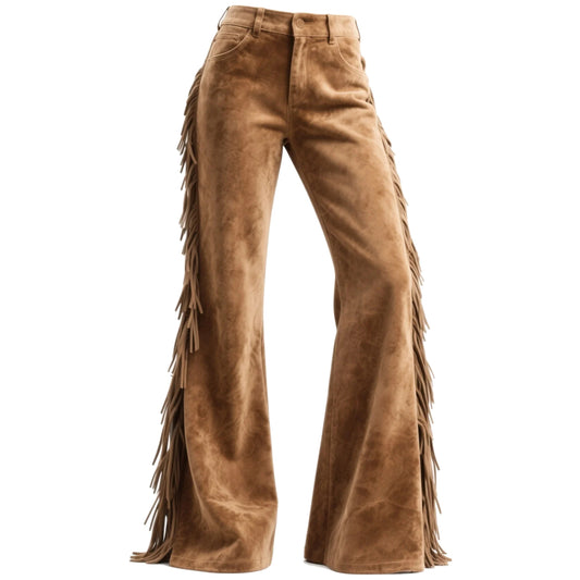 Vintage Western Women's Suede Tassel Flared Wide-Leg Pants