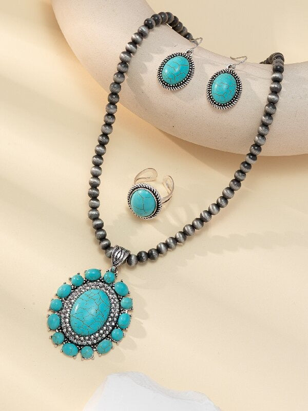 Vintage Round Flower Turquoise Jewelry Set