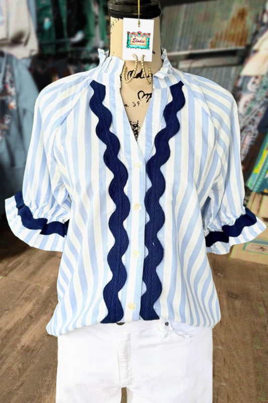 Striped Ric Rac Puff Sleeve Top