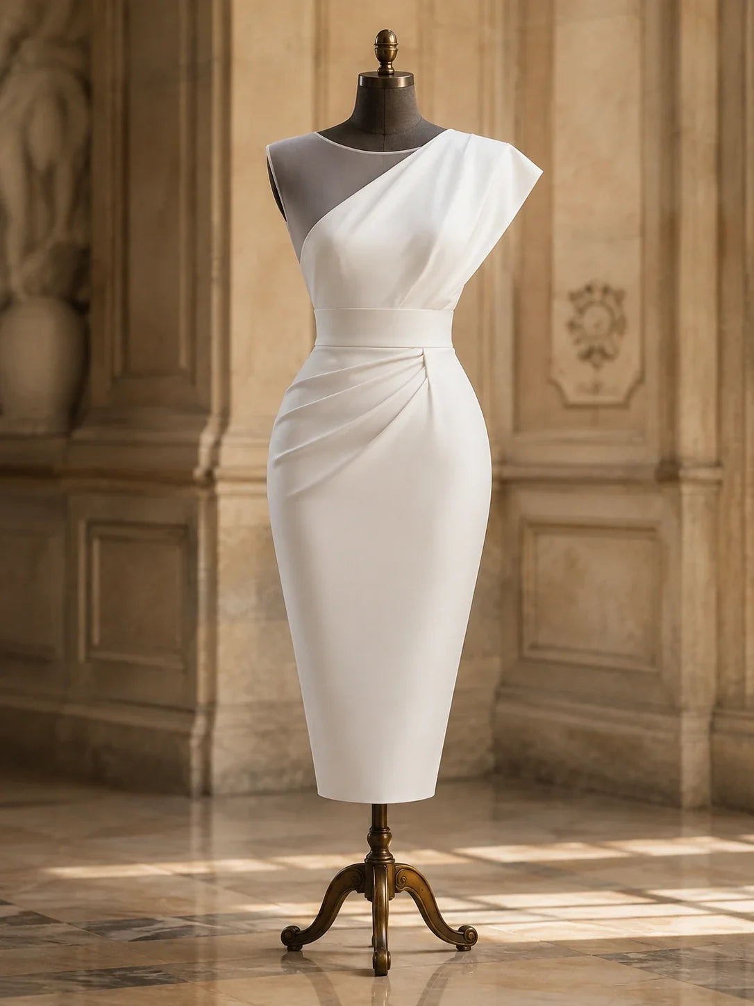 Ivory Asymmetric Mesh Yoke Ruched Midi Dress – Office to Dinner Workwear
