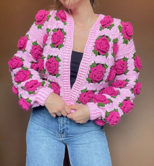 Pink Vitality Rose Three-Dimensional Flower Long-Sleeved Sweater