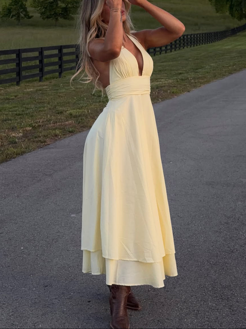 Butter Yellow Halter Deep-V Tiered Hem Maxi Dress