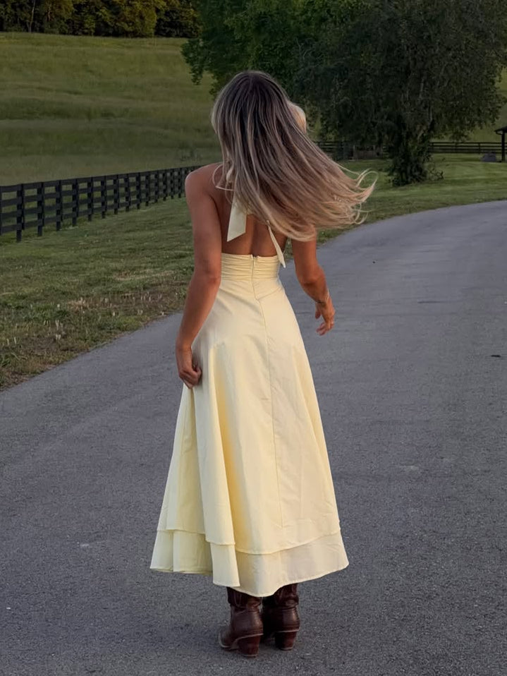 Butter Yellow Halter Deep-V Tiered Hem Maxi Dress