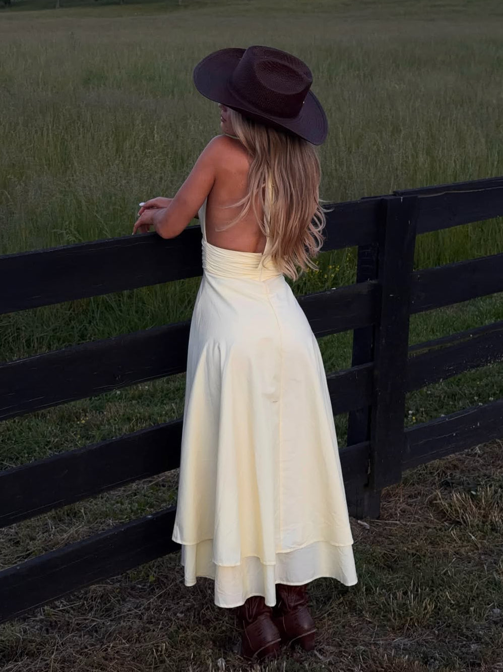 Butter Yellow Halter Deep-V Tiered Hem Maxi Dress