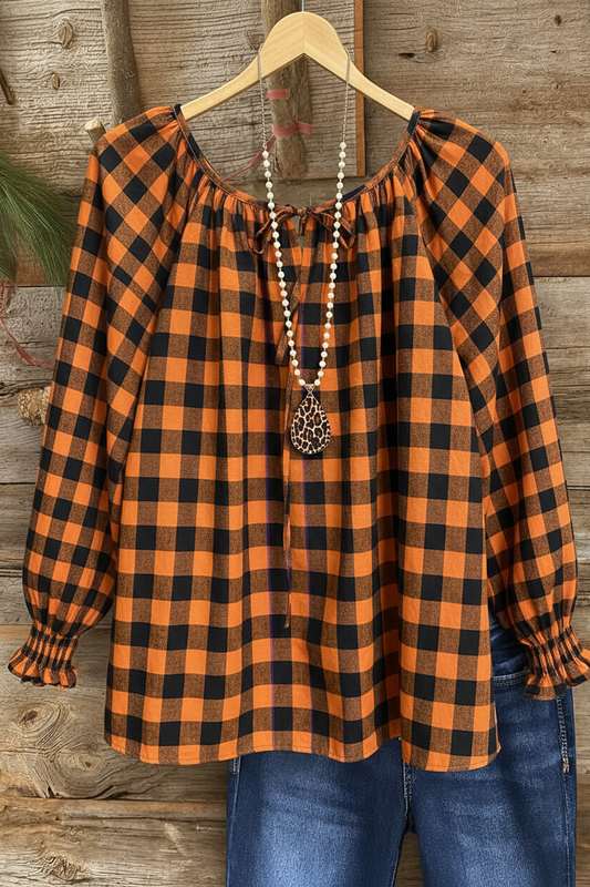 Halloween Plaid Gathered Cuff Peasant Top