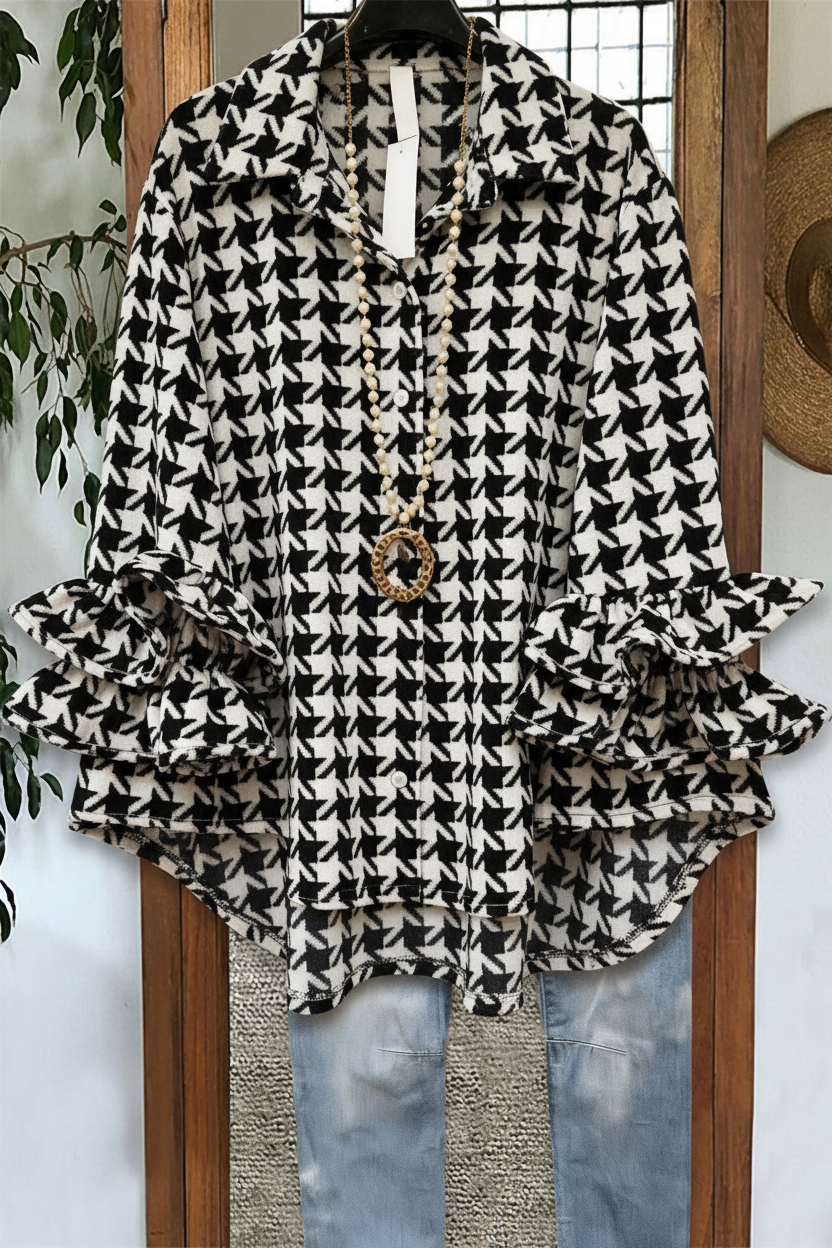 Black White Houndstooth Double Ruffle Cuff Velvet Blouse