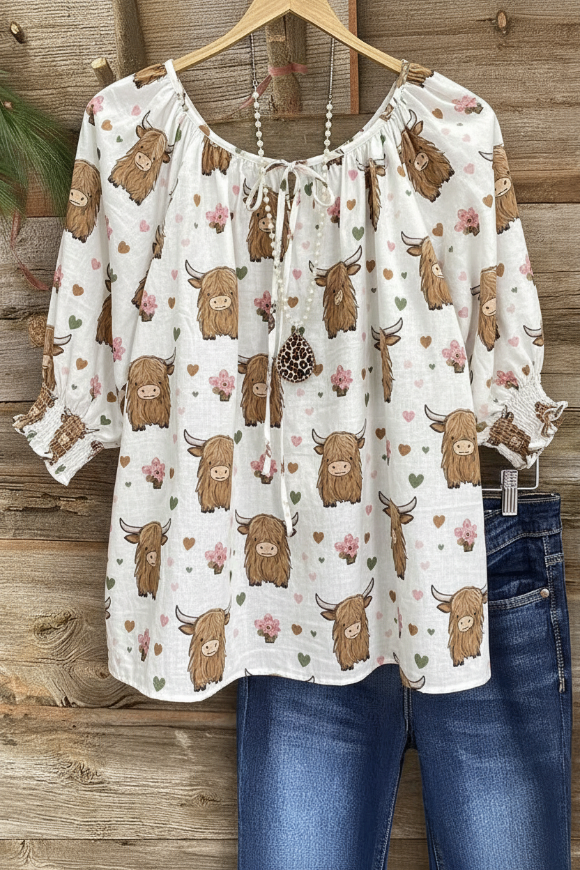 Highland Cow & Floral Print Gathered Neckline Puff Sleeve Top