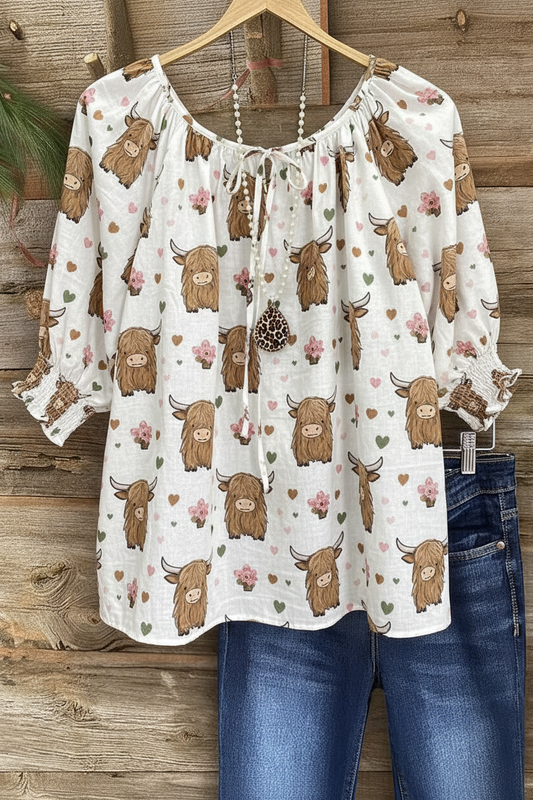 Highland Cow & Floral Print Gathered Neckline Puff Sleeve Top