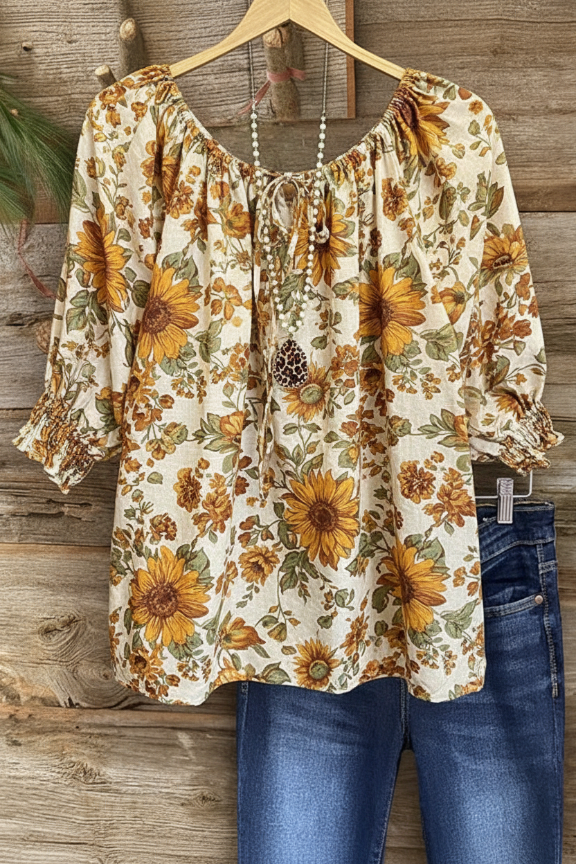 Sunflower Wildflower Print Gathered Neckline Puff Sleeve Top