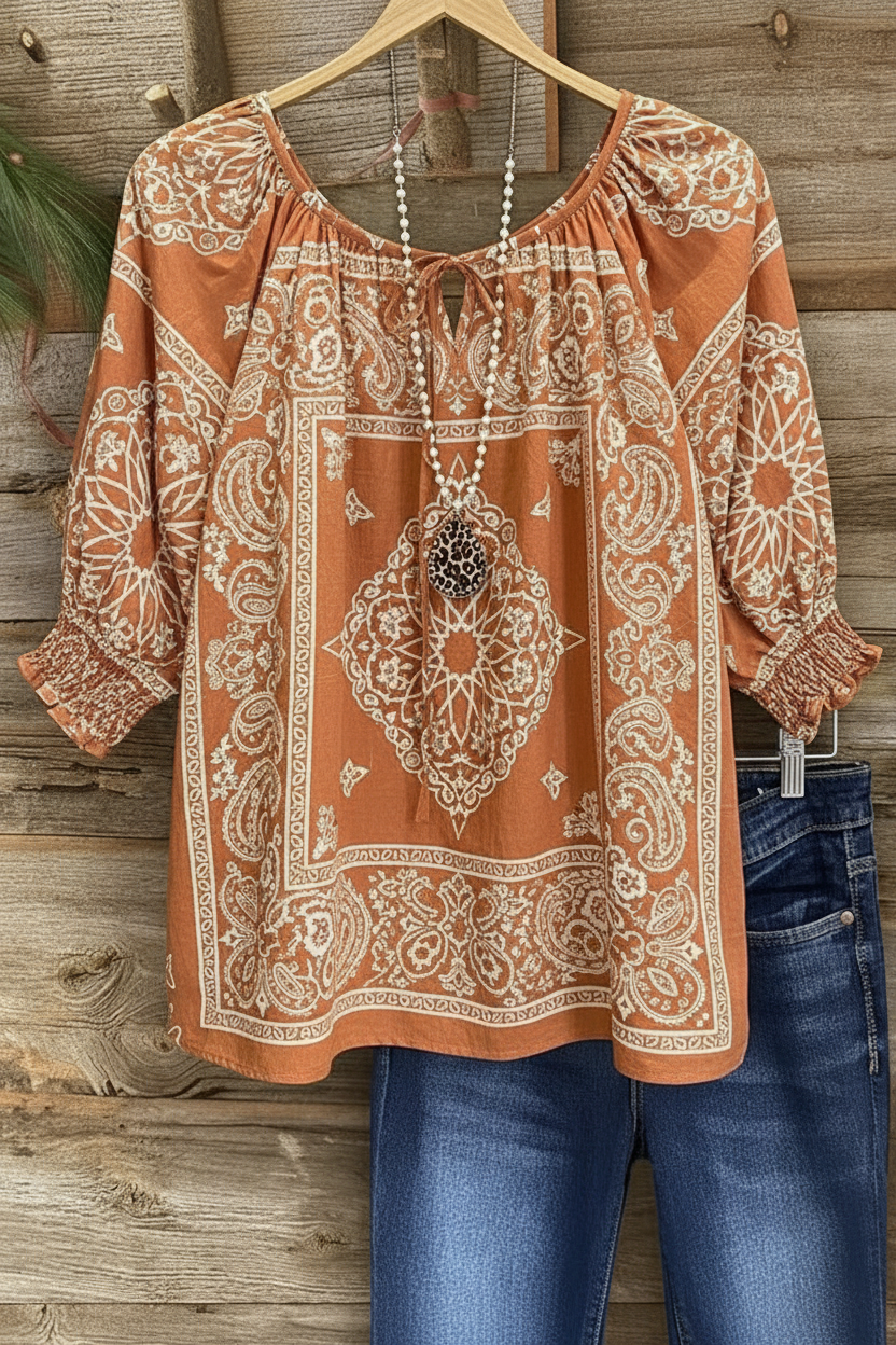 Moroccan Geometric Print Gathered Neckline Puff Sleeve Top