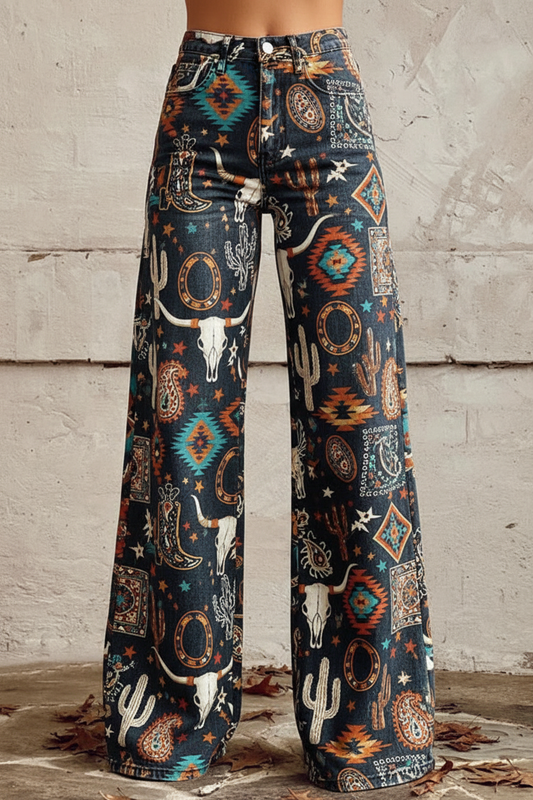 Western Print Wide-Leg Jeans - Front View