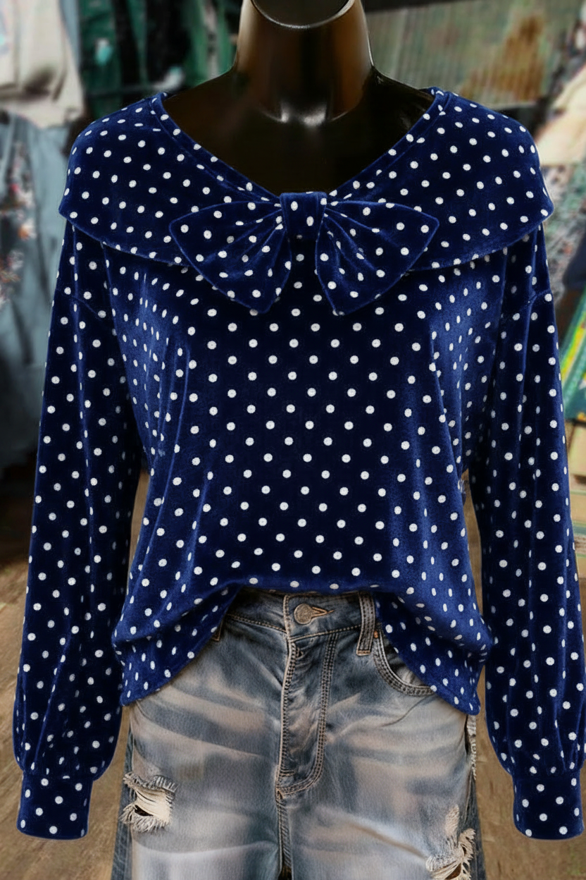 Navy Blue Polka Dot Bow Detailed Long Sleeve Velvet Top