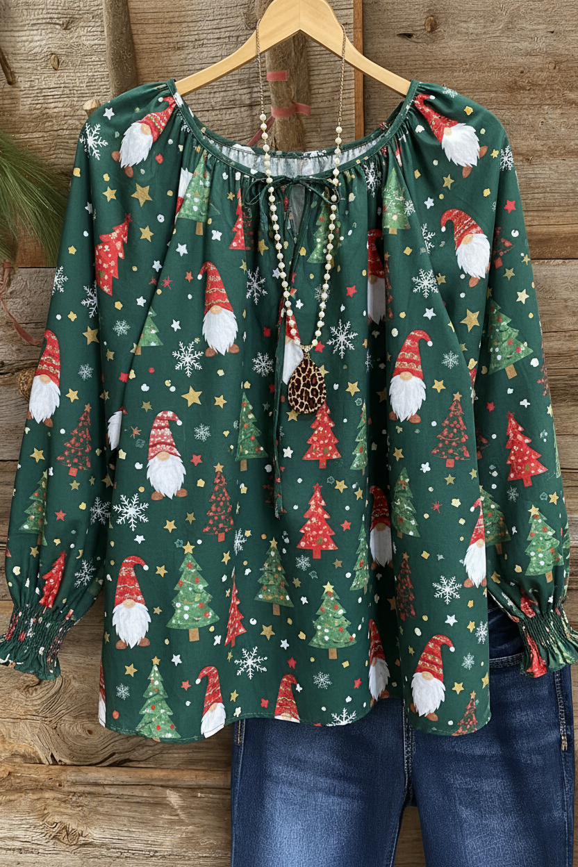 Christmas Gnome Print Gathered Cuff Peasant Top