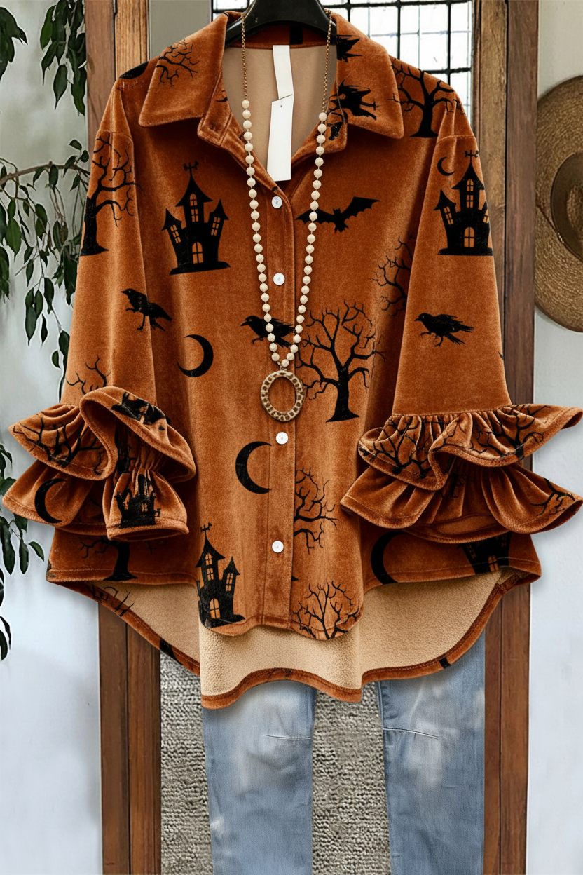 Vintage Haunted House Print Double Ruffle Cuff Velvet Blouse in Burnt Orange