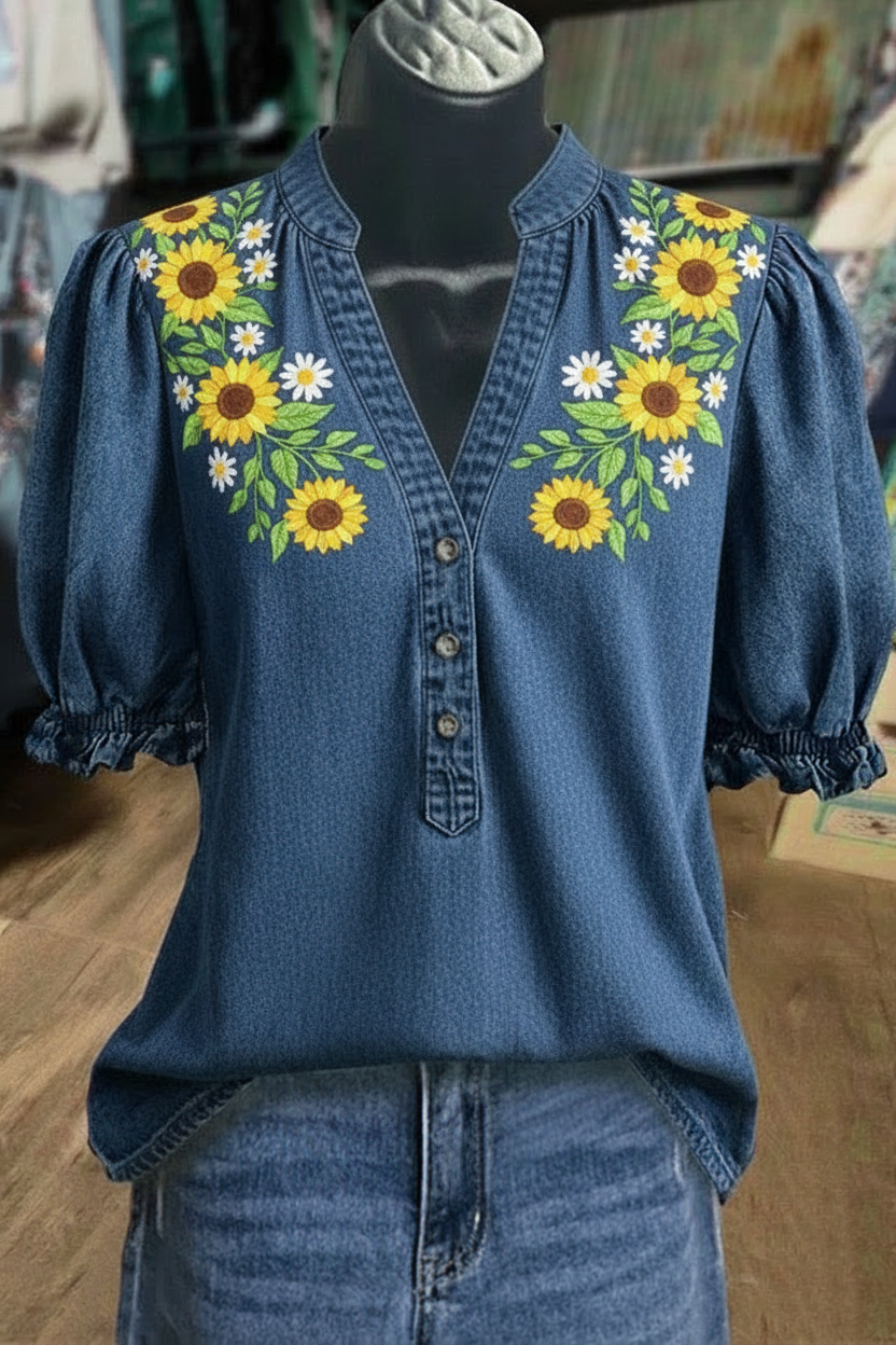 Sunflower & Daisy Print V-Neck Puff Sleeve Denim Top