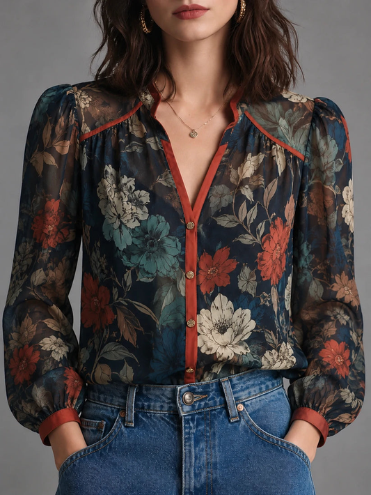 Navy floral blouse with rust-red trim, front view