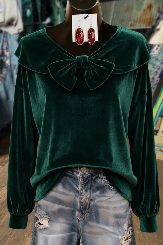 Emerald Green Bow Detailed Long Sleeve Velvet Top