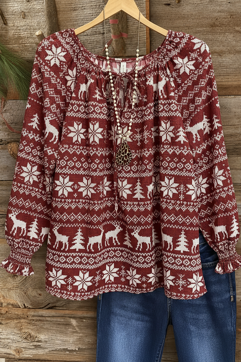 Nordic Reindeer Snowflake Print Gathered Cuff Peasant Top
